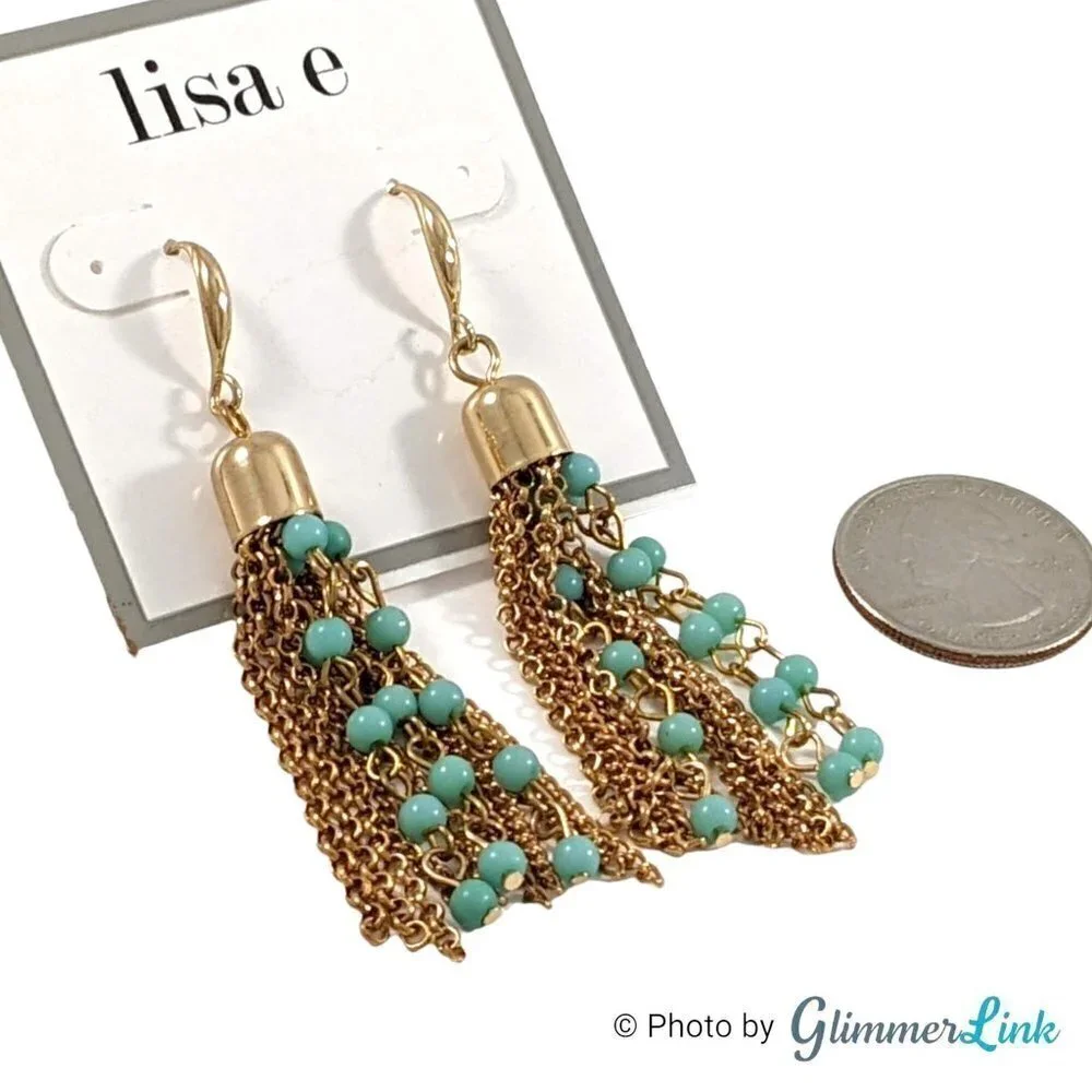Boho Teal Blue & Gold Tone Beaded Chain Tassel Earrings